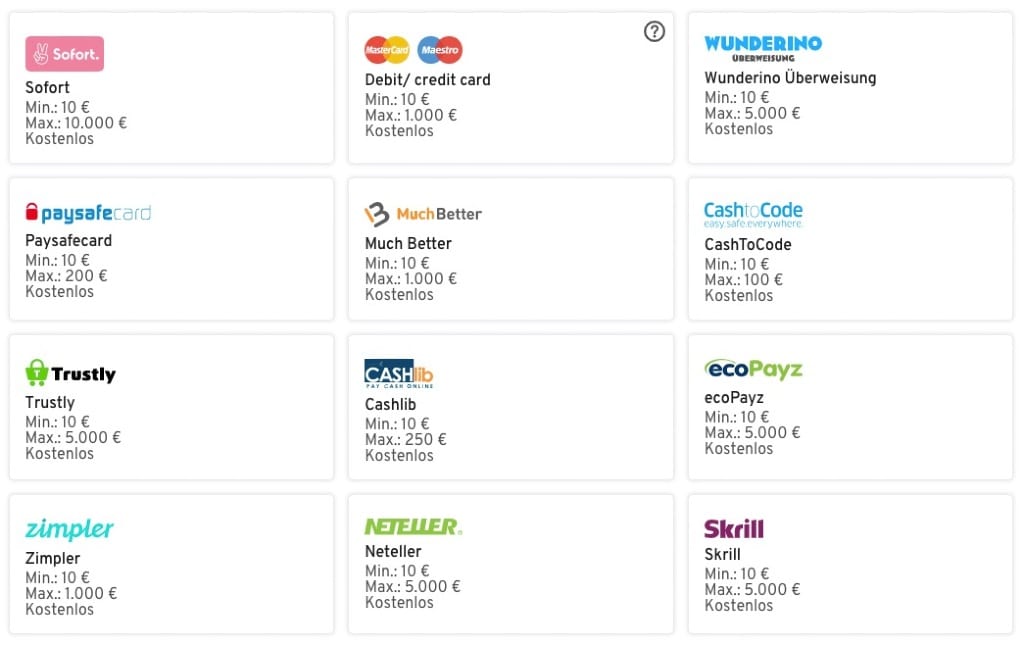 Payment methods at Wunderino